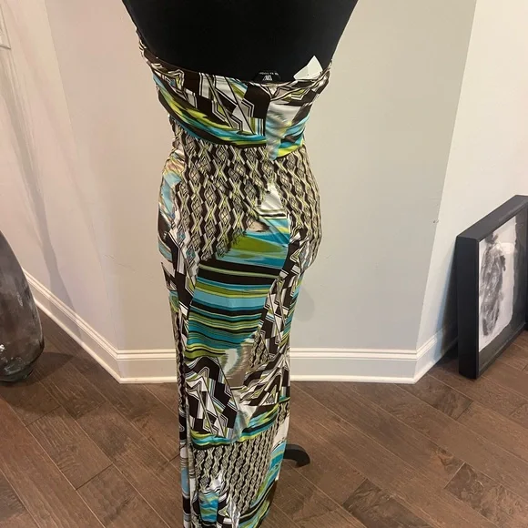 Boutique Strapless Geo-Print Maxi Dress in Teal and Brown - Picture 5 of 6